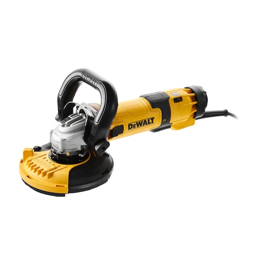 A DEWALT DWE4257KT electric angle grinder with a yellow and black body and a protective shield, shown on a white background.
