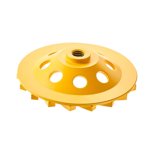 A yellow circular grinding wheel attachment with ventilation holes and a threaded center, designed for use with power tools.