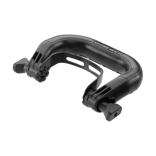 Black plastic and metal side handle attachment for DEWALT DWE4257KT power tool, showing detailed connector parts and ergonomic curved design.