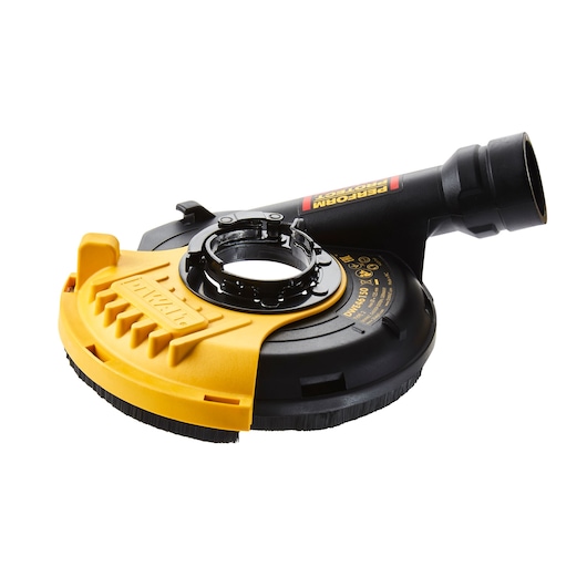A DEWALT branded yellow and black dust shroud accessory for an angle grinder, designed for dust extraction during grinding applications. The shroud features a connection port for a vacuum hose and is marked with DEWALT branding.