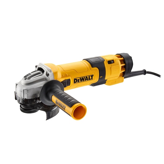 A DEWALT DWE4257 angle grinder, featuring a yellow and black design with a side handle and power cord.