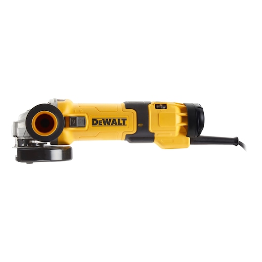 Side view of a DEWALT DWE4257 angle grinder with a yellow and black body, showing its power cord and grinding disc.