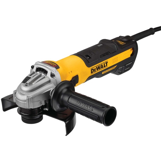 A DEWALT DWE4347 angle grinder with a yellow and black body, a side handle, and a metal grinding head shown against a white background.