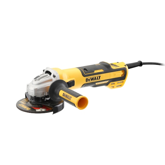 A yellow and black DEWALT angle grinder with a side handle and a cutting disc, shown against a white background.