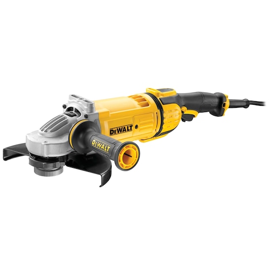 A yellow and black DEWALT angle grinder with a side handle, protective guard, and power cord, shown on a white background.