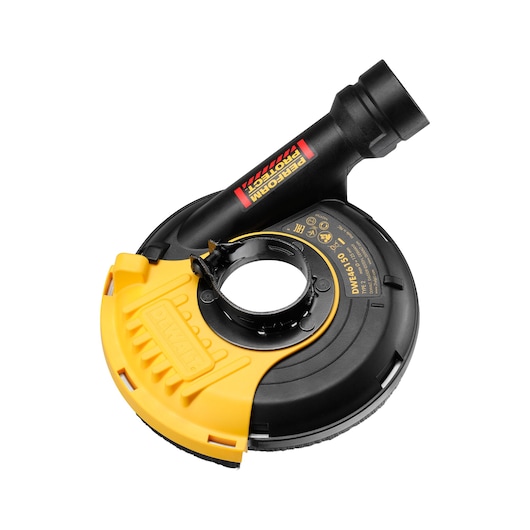 DEWALT DWE46150 universal dust shroud attachment for angle grinders, featuring a black and yellow design with a dust extraction port.