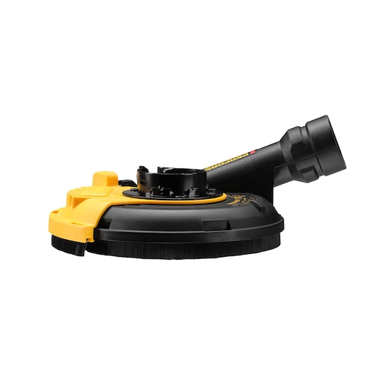 A DEWALT angle grinder dust shroud attachment, model DWE46150, shown in black and yellow with a brush skirt and vacuum port, designed to help control dust during grinding applications.