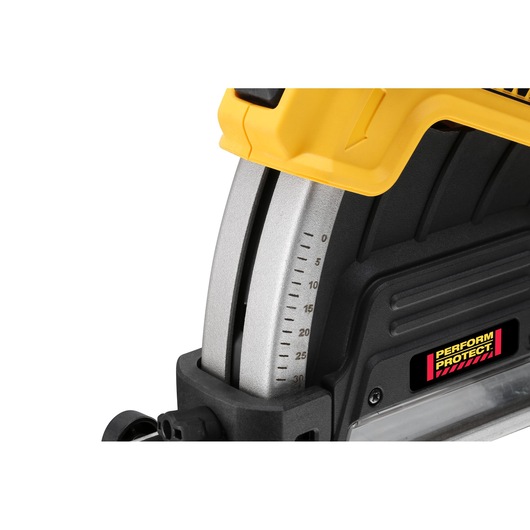 Close-up view of a DEWALT power tool showing the yellow and black casing, a silver metal adjustment gauge with numbers, and a Perform Protect safety label.