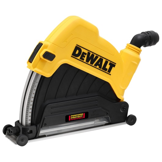 A DEWALT branded yellow and black wall chaser tool, featuring a flat base with two wheels and a dust extraction nozzle, designed for cutting channels into walls.