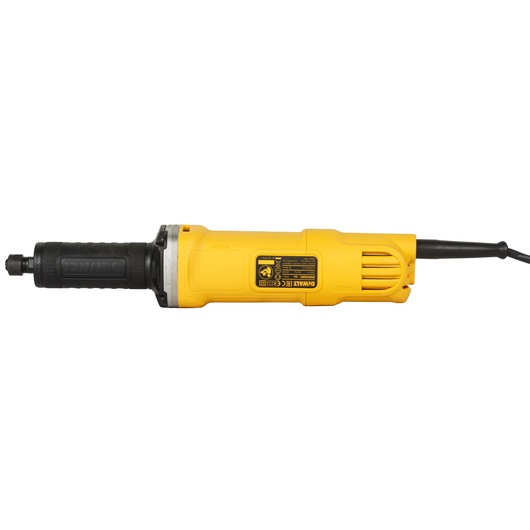 Yellow DEWALT electric die grinder with black grip and attached power cord, shown on white background.