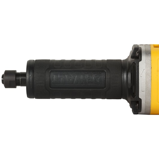 Close-up of DEWALT DWE4884 die grinder handle and chuck, showing black textured grip and metal housing.