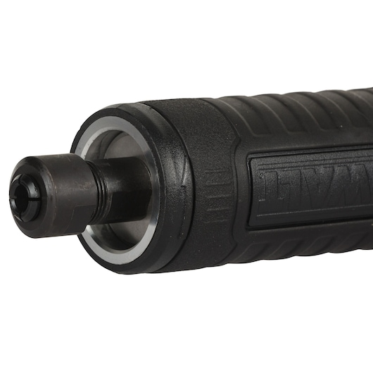 Close-up of the DEWALT DWE4884 die grinder front end with textured black body and metal collet.