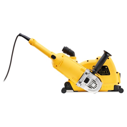 A yellow DEWALT power tool with a side handle and cord, displayed against a white background. The tool appears robust and is designed for heavy-duty work.