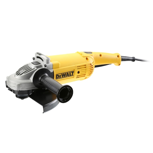 A yellow and black DEWALT angle grinder with a side handle and power cord.