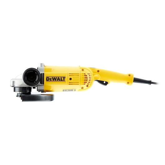 A yellow and black DEWALT electric angle grinder with a side handle, displayed on a white background.