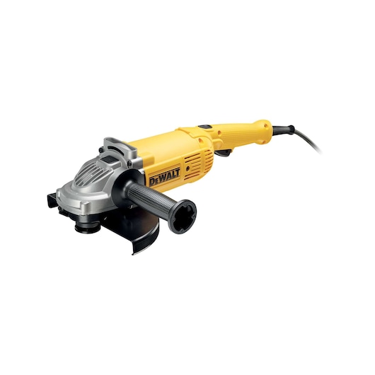 A yellow and black DEWALT DWE494 angle grinder with a side handle, shown against a white background.