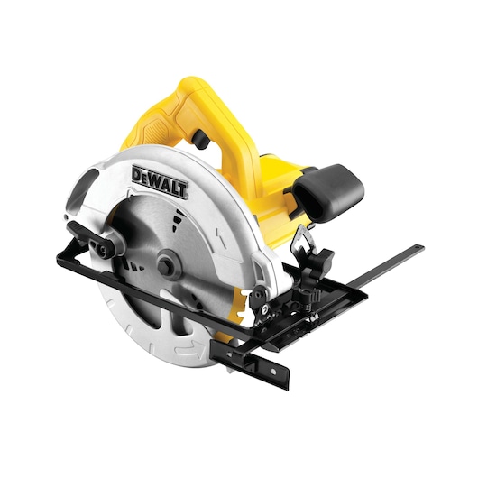 A DEWALT DWE550 yellow and silver circular saw with a black base and ergonomic handle, designed for cutting wood and other materials.