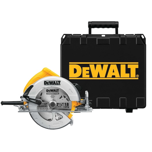 A DEWALT circular saw with a silver blade and yellow handle, placed in front of a black carrying case with the DEWALT logo.