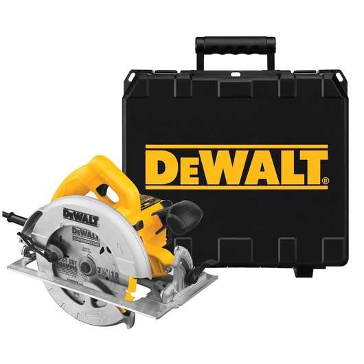 A DEWALT circular saw with a yellow and silver design is shown in front of a black carrying case with the DEWALT logo.