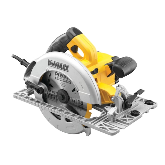 A DEWALT corded circular saw with a yellow and black handle, silver blade guard, and metal base, designed for construction and framing work.