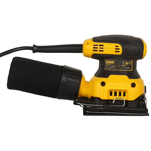 A DEWALT electric hand sander with a rectangular sanding pad and a dust collection bag, shown against a white background.