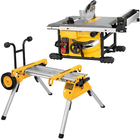 DEWALT table saw with a yellow and black rolling stand. The saw has a metal table surface, safety guard, adjustment knobs, and a sturdy frame. The rolling stand features wheels for easy transport and foldable legs.