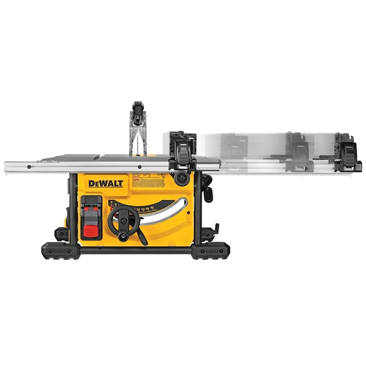A DEWALT yellow and black portable table saw with adjustable fence, control knobs, and safety features, viewed from the side.