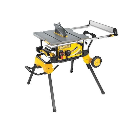 A DEWALT table saw with a yellow base and black legs, featuring a blade guard and a wheeled stand for portability.