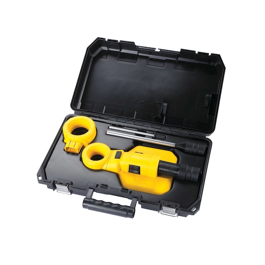 A DEWALT DWH050 yellow and black tool set in a hard plastic carrying case, including attachments and rods, used for drilling or dust extraction.