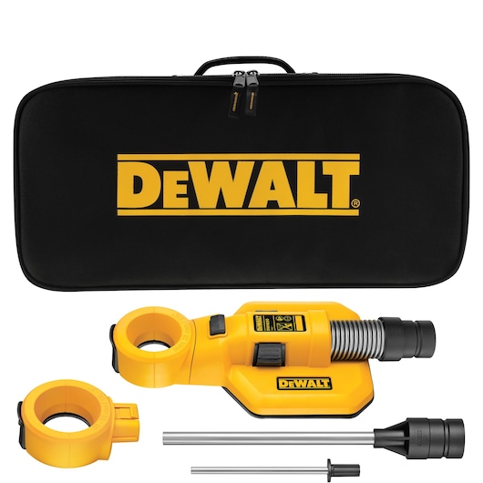 DEWALT dust extraction attachment kit including a yellow and black dust extraction tool, two circular adapters, two metal rods, a nozzle, and a black zippered carrying case with DEWALT logo.