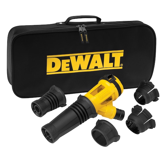 DEWALT professional dust extraction accessory kit with a black carrying case, a yellow and black dust extraction attachment, and several black connector pieces displayed on a white background.
