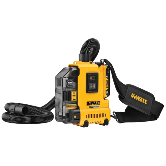DEWALT portable dust extractor with HEPA filter, yellow and black, featuring a flexible hose and shoulder strap.