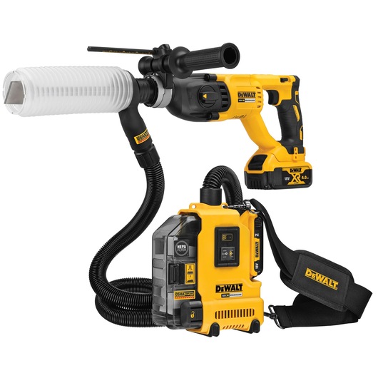 A DEWALT cordless dust extraction system with a yellow and black drill attachment, flexible hose, and portable HEPA filter unit with shoulder strap.