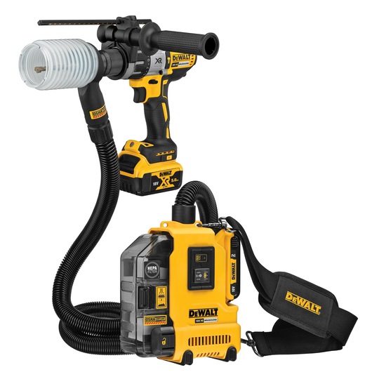 DEWALT DWH161D1 portable dust extraction system designed for use with power tools, featuring a yellow and black unit with a flexible hose, HEPA filter, and detachable shoulder strap.