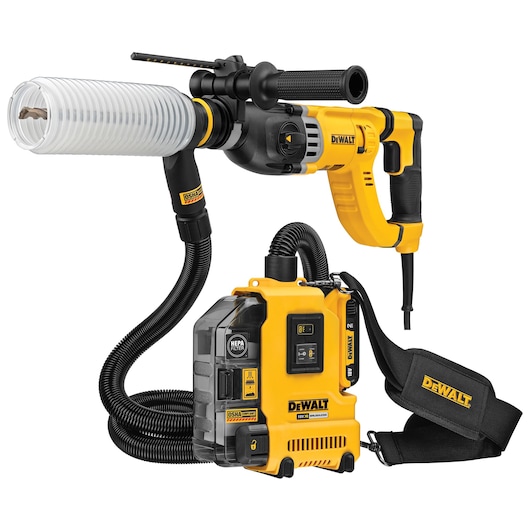 DEWALT branded dust extraction system with HEPA filter, shown attached to a rotary hammer drill. The unit includes a flexible hose, a dust collection chamber, and a shoulder strap for portability.