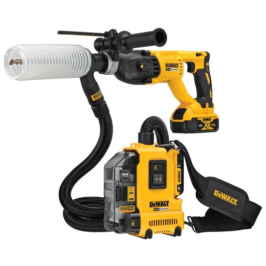 A DEWALT cordless dust extraction system with hose attachment, battery-powered, featuring yellow and black design. Includes a carrying strap and HEPA filter for safe dust collection during drilling.