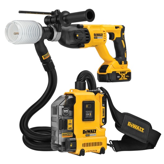 DEWALT cordless dust extractor system with HEPA filter attachment, hose, and carrying strap, shown connected to a DEWALT cordless rotary hammer drill.