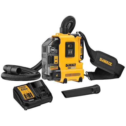 A DEWALT portable dust extractor kit, including a yellow and black HEPA filter vacuum with shoulder strap, flexible hose, charger, and nozzle attachment.