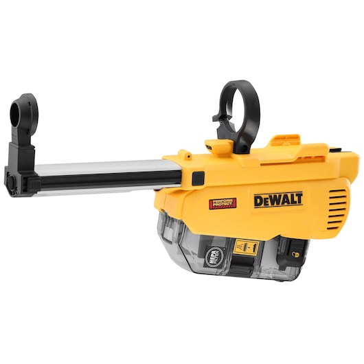 A DEWALT branded yellow and black dust extractor attachment, model DWH205DH, used for professional woodworking or construction applications. The device features a transparent collection chamber, adjustable arm, and clamp for securing to equipment.