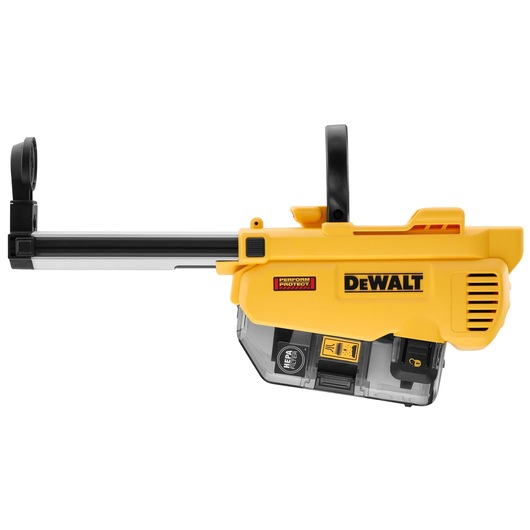 A DEWALT branded yellow and black dust extraction attachment for power tools, featuring a Perform & Protect label and a transparent dust collection chamber.