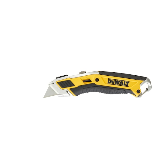 DEWALT folding utility knife with yellow and black handle, featuring retractable blade and ergonomic grip.