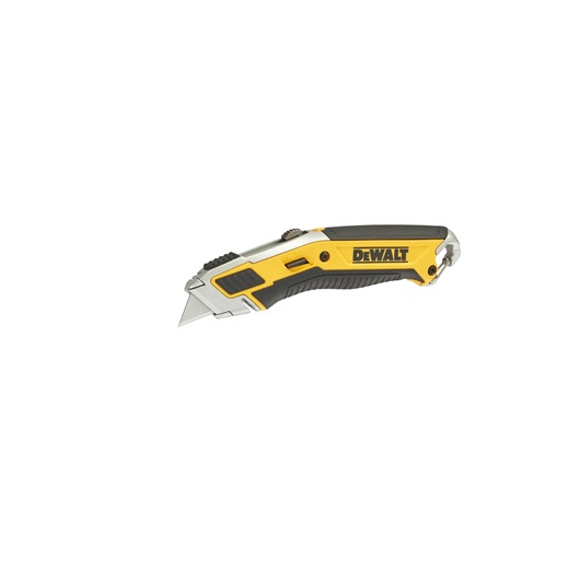 A DEWALT utility knife with a yellow and black handle, featuring a retractable blade and an ergonomic grip.