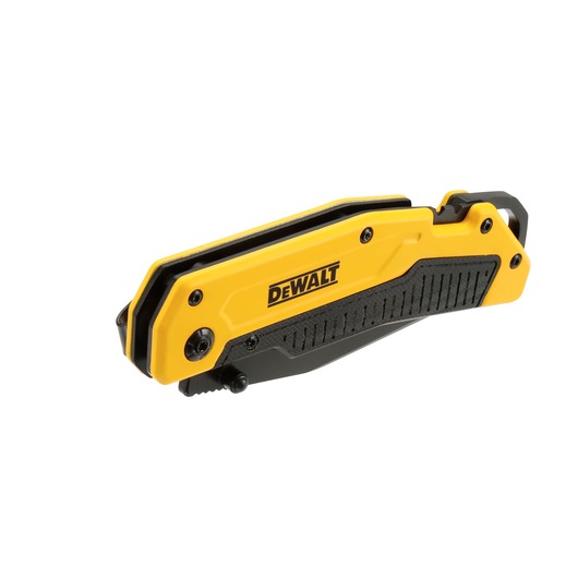 A DEWALT branded folding utility knife with a yellow and black handle, shown in a closed position against a white background.