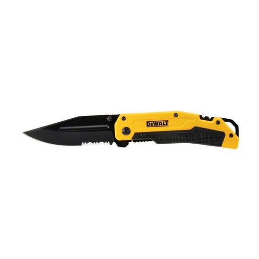 A DEWALT folding pocket knife with a partially serrated black blade and a yellow and black handle.
