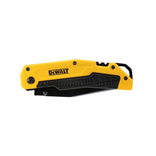 A DEWALT folding utility knife with a yellow and black handle, shown in a closed position.