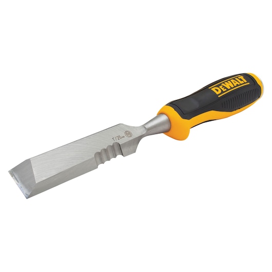 A DEWALT woodworking chisel with a black and yellow ergonomic handle and a sharp, flat metal blade, model DWHT0-16065.