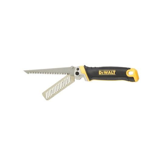 A DEWALT folding drywall saw with a black and yellow handle and two folding blades, one saw blade and one jab blade, shown extended.