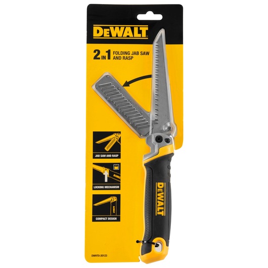 DEWALT 2-in-1 folding jab saw and rasp in its original yellow and black packaging. The tool has a black and yellow handle and features a foldable saw blade and rasp. The packaging highlights its compact design, locking mechanism, and dual function.