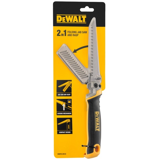 DEWALT 2-in-1 folding jab saw and rasp in packaging, featuring a black and yellow handle and two folding blades. The product is shown against a yellow DEWALT branded card with information about its jab saw and rasp functionality, locking mechanism, and compact design.