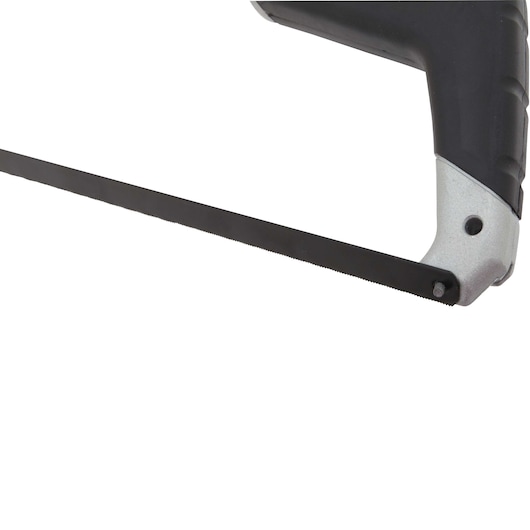 Close-up of a DEWALT hand saw, showing the handle and a portion of the thin metal blade against a white background.